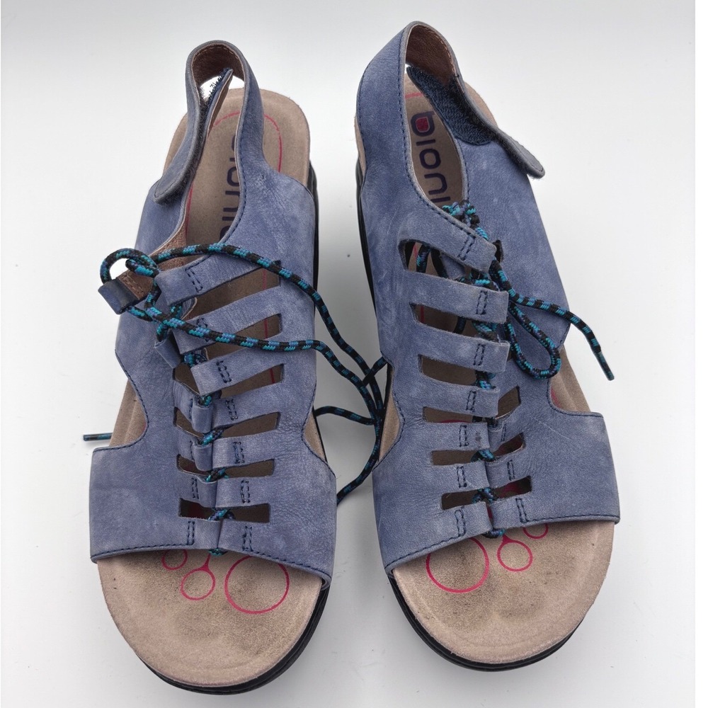 Bionica Blue Leather Wedge Sandals Womens 9 M Bungee Lace Up Gladiator 4552207